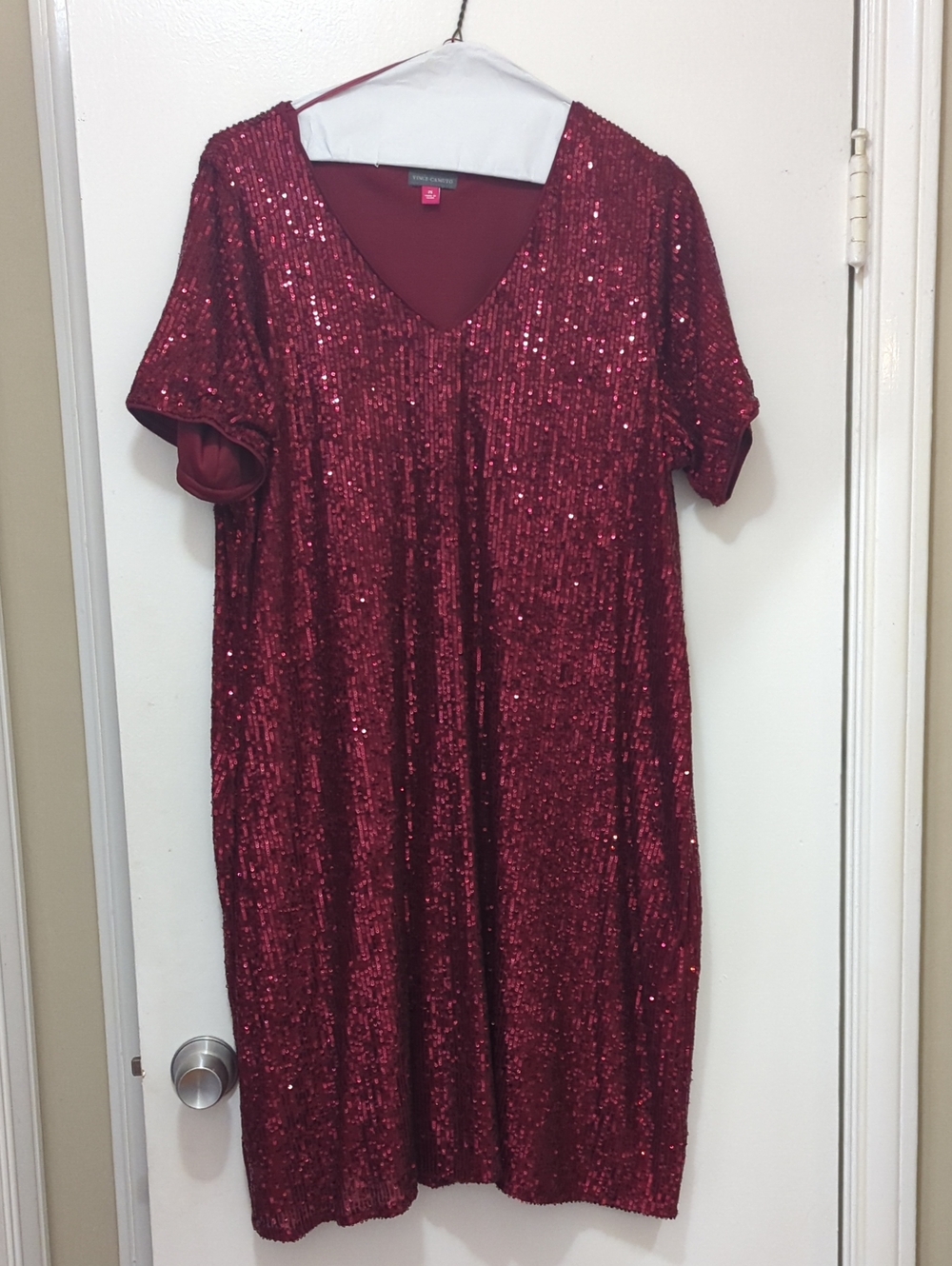 Sequin V-Neck Holiday Dress - Wine Red